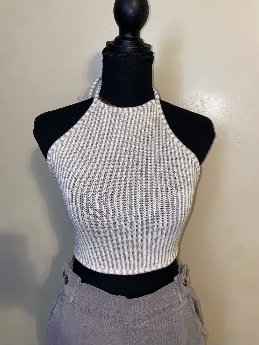 Cream Ribbed Halter Crop Top - Minimal Knit Style